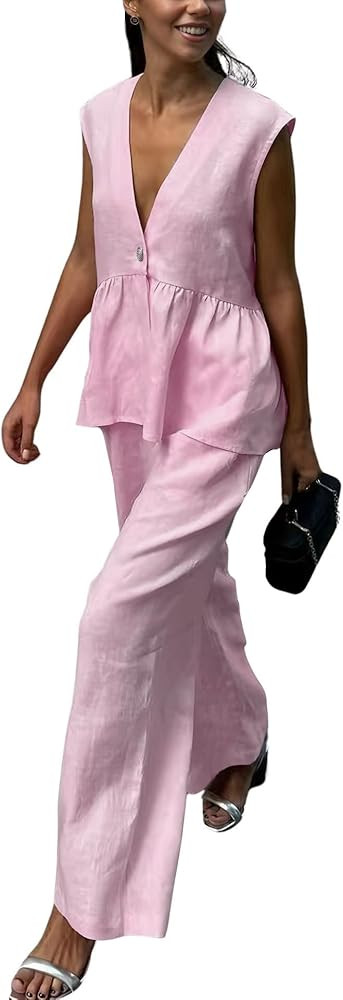 chouyatou Women's Casual 2 Piece Outfits Peplum Ruffle Tank Top Wide Leg Long Palazzo Pants Match... | Amazon (CA)