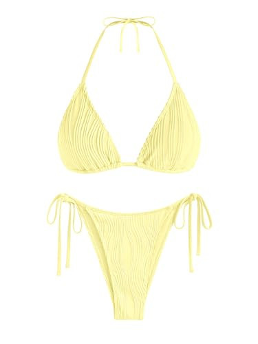 ZAFUL Textured Halter Bikini for Women 2 Piece Triangle Bikini Sets Sexy High Cut Bathing Suit Side Tie Swimsuits Yellow M | Amazon (US)