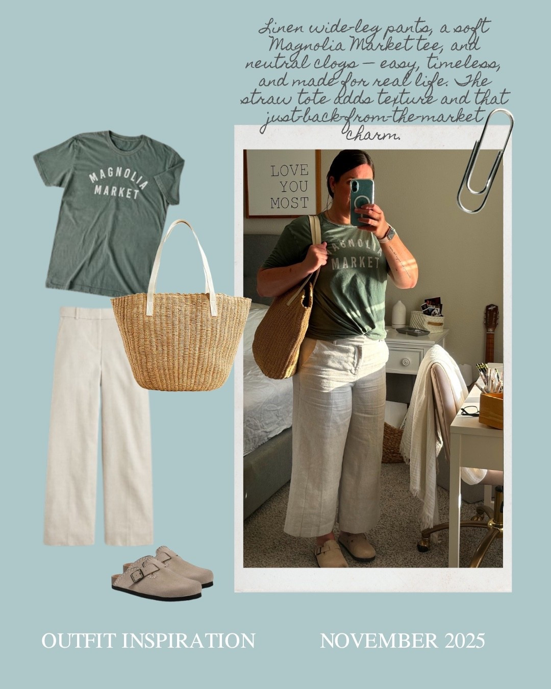 The one with the linen pants and Magnolia Market tee. Because sometimes effortless looks a lot like soft cotton, wide-leg comfort, and a straw tote that’s carried everything from notebooks to nectarines.

Easy, timeless, and made for real life — the kind of outfit that works for errands, writing days, and slow coastal mornings at home.

Gracefully yours,
🫶🏻 Jeanie Jo.

#coastalgrandmotherstyle #coastalstyle #linenpants #magnoliamarket #neutraloutfit #slowstyle #coastalliving #everydayoutfit #budgetfriendlyfashion #capsulewardrobe #classicstyle #minimalstyle #gulfcoastliving #summeroutfit #falltransition #realoutfit #coastalgrandmother


#LTKMidsize #LTKOver40 #LTKFindsUnder100