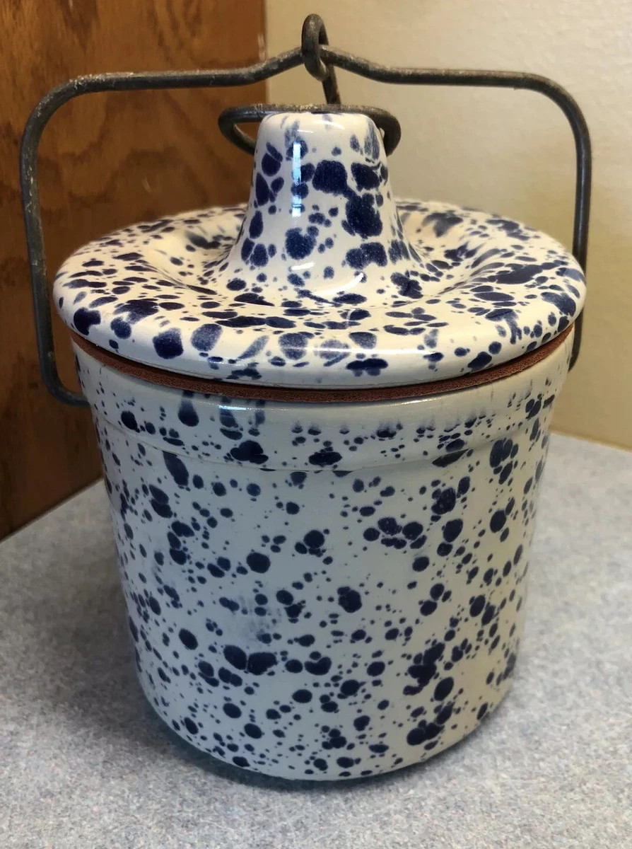 CHEESE CROCK CERAMIC WHITE WITH BLUE SPLATTERED SPOTS W/WIRE & LID. | eBay US