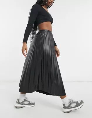 ASOS DESIGN leather look pleated midi skirt in black | ASOS (Global)