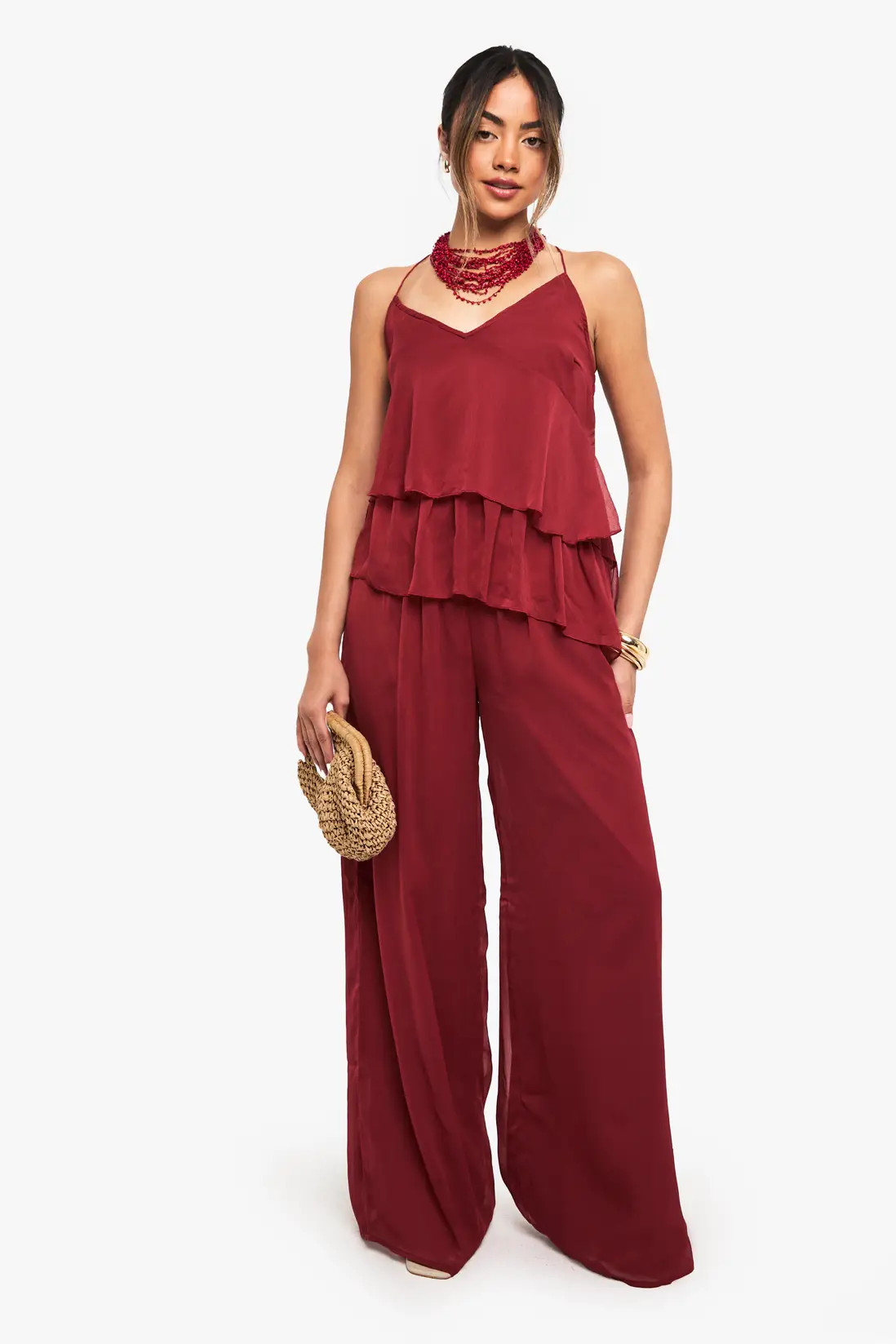 Burgundy Chiffon Woven Trousers | Boohoo USA | boohoo (US & Canada)