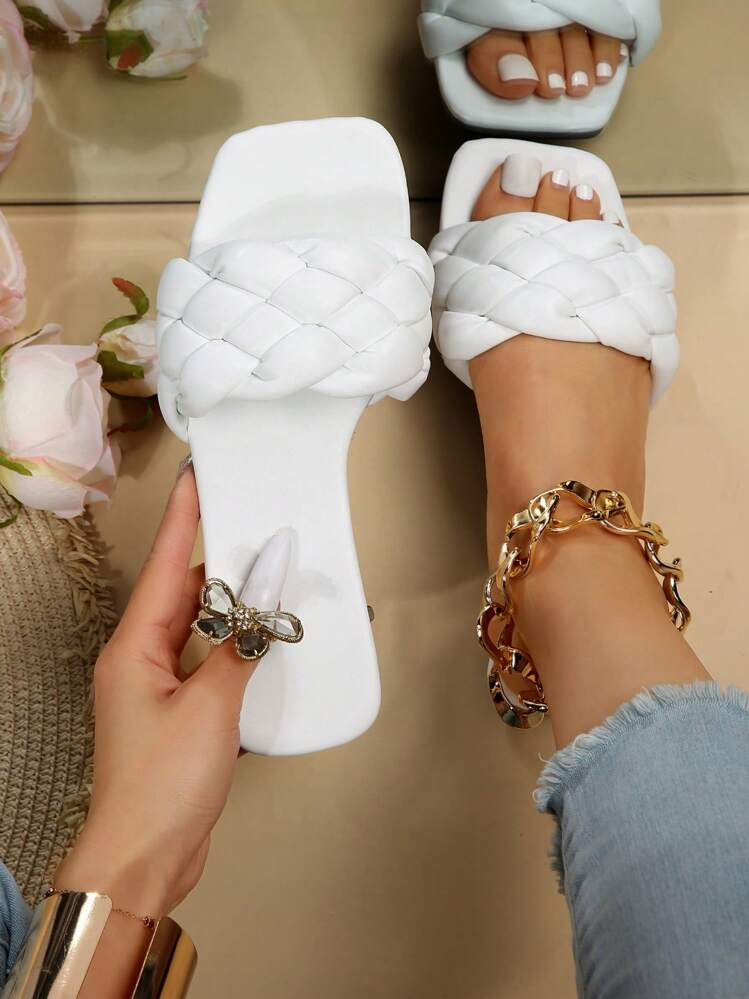 TrendsVacation Slide Sandals For Women, Braid Detail Single Band Flat Sandals | SHEIN