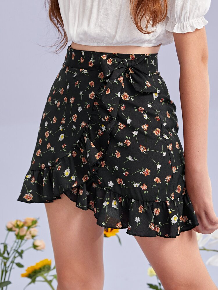 SHEIN Teen Girls Ruffle Hem Wrap Ditsy Floral Skirt | SHEIN