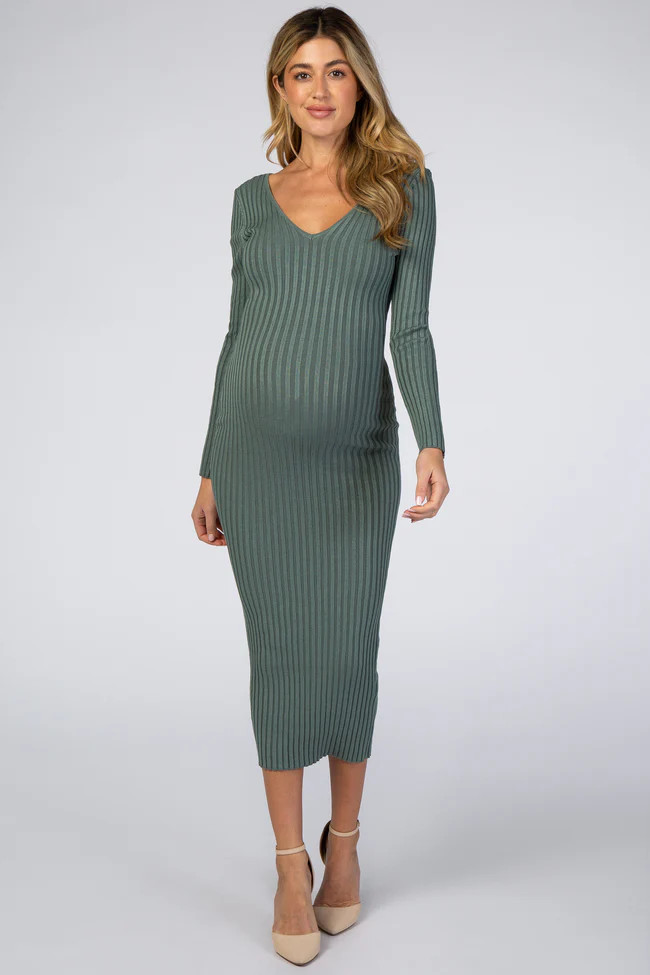 Olive V-Neck Long Sleeve Fitted Maternity Maxi Dress | PinkBlush Maternity