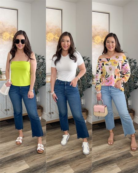 Walmart Petite 26” Inseam Jeans Step Hem Kick Flare Jeans 
Size 6
Only $20!

Tube Top: Small
Baby Tee: Medium
Floral Top: XS (But would prefer Small)