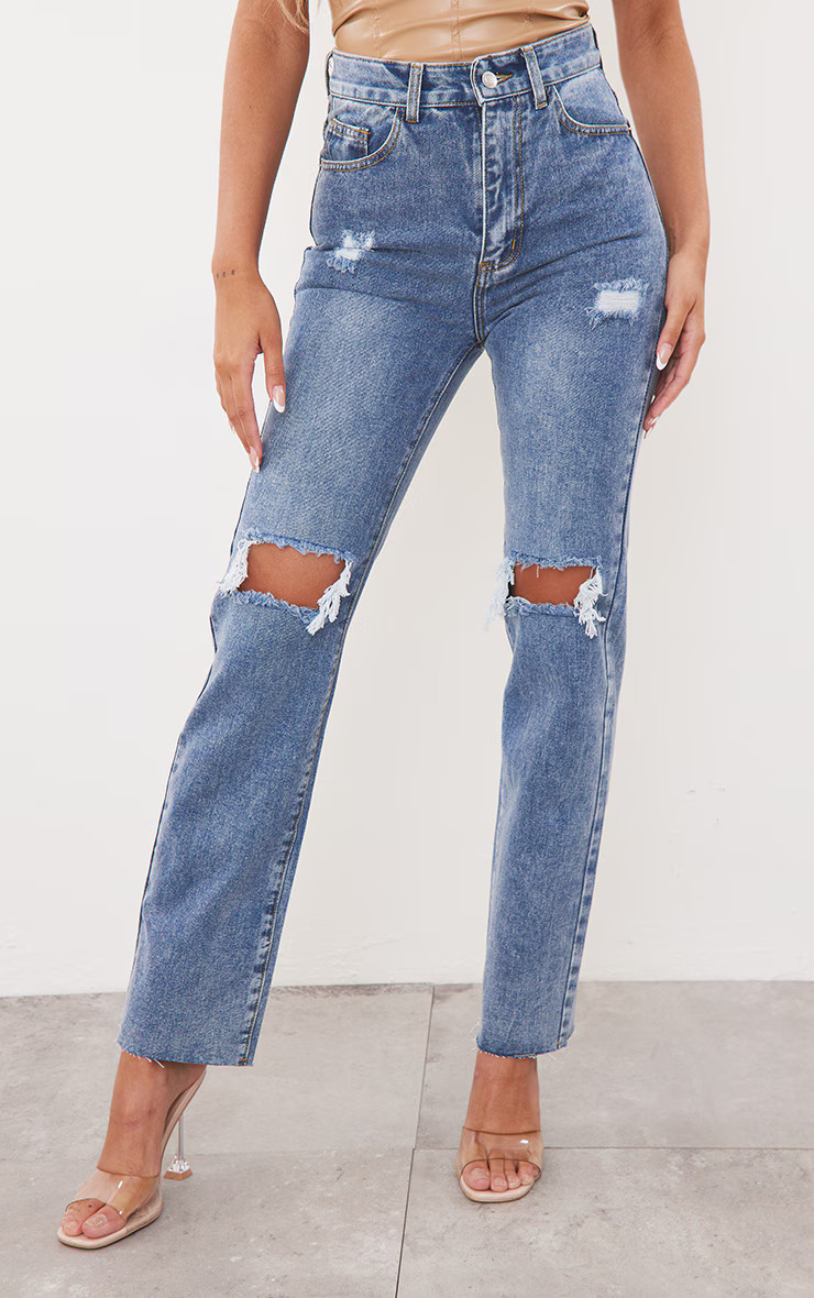 Mid Wash High Rise Ripped Straight Leg Jeans | PrettyLittleThing US