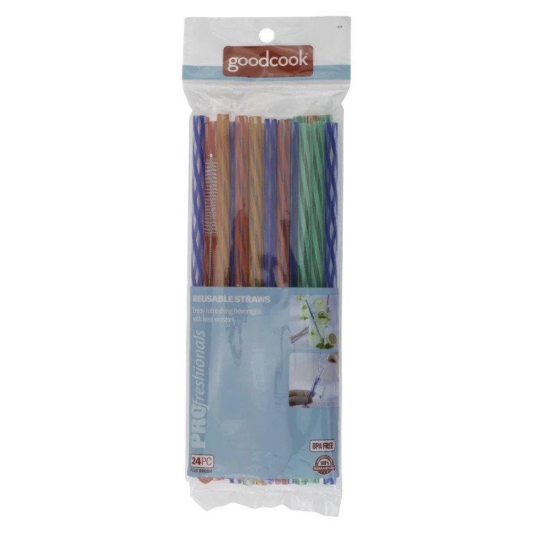 PROfreshionals 24-Piece 9" Reusable Plastic Straws Set with Cleaning Brush, Multicolor | Walmart (US)