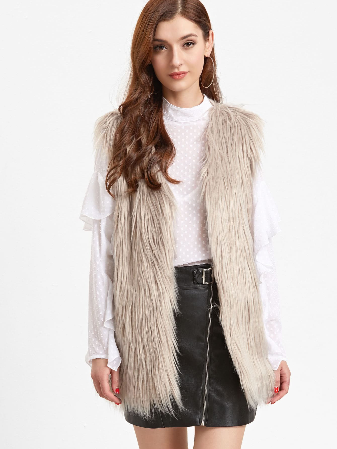 Apricot Open Front Faux Fur Vest | SHEIN