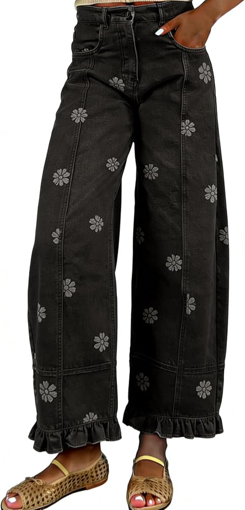 utcoco Barrel Jeans Women 2026 Floral Print Wide Leg Jeans Y2k Patchwork Baggy Boyfriend Denim Pa... | Amazon (US)