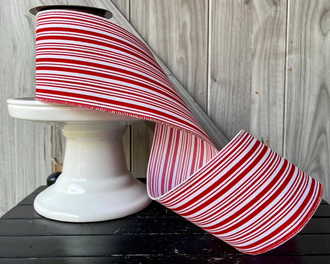 D Stevens, 10 Yards, 4 Inch Wired Ribbon, Glitter Stripe Ribbon, Red Ribbon, White Ribbon, Christ... | Etsy (US)