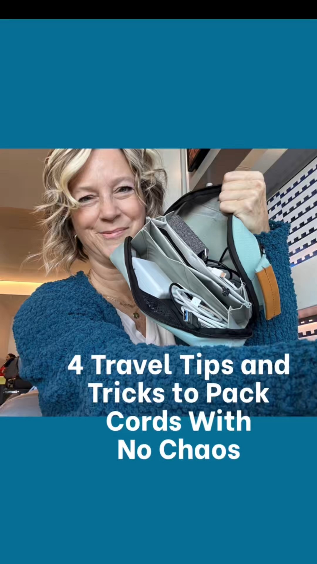 ✈️ Travel Tips and Hack for Packing Electronic Cables 💙 
1. Pack your electronic travel cords in this organizer pouch.
It opens super wide, yet has a handle to easily slide it out of any underseater bag
in the airplane.
2. Pack just your cords in the pockets with your electronic blocks and chargers in
the main compartment.
3. Hack: Stick washi tape to match the cord and its device and block.
👨‍✈️ I’m a Houston pilot wife sharing tips to help you “travel the globe without a
worry in the world” on YTube and IG. #packingtips #traveltips #travelhacks