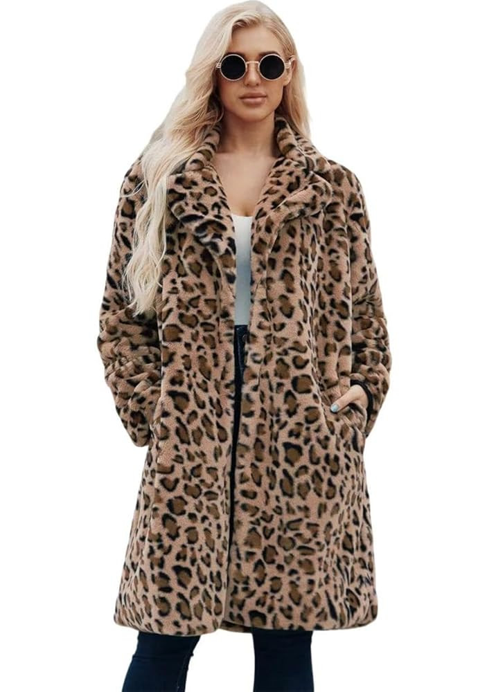 Long leopard suit collar faux fur coat women's casual coat autumn and winter new. | Amazon (US)