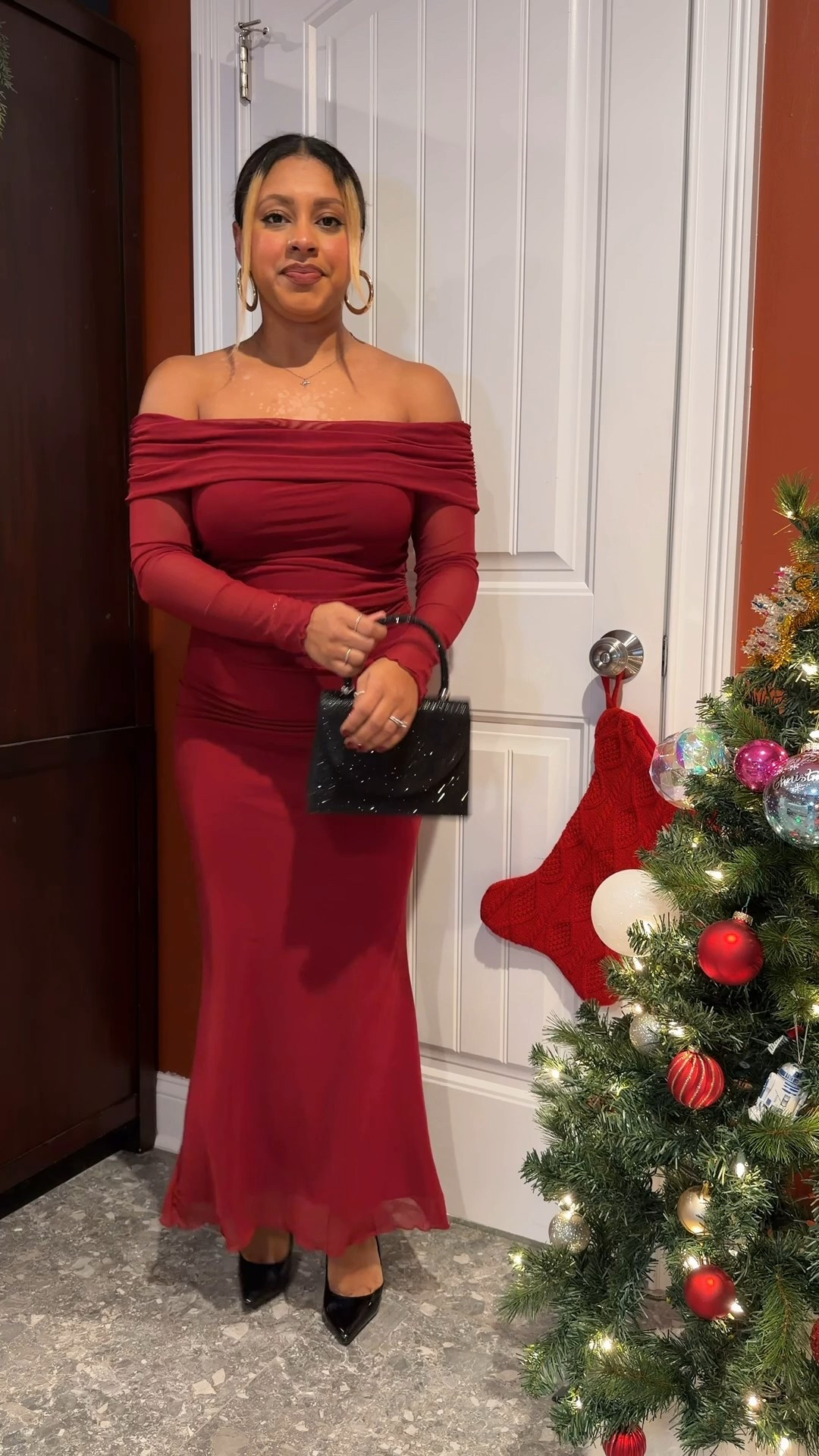Beautiful wine red holiday party maxi dress! The mesh off the shoulder sleeves are so elegant!

#LTKHoliday #LTKCyberWeek #LTKootd