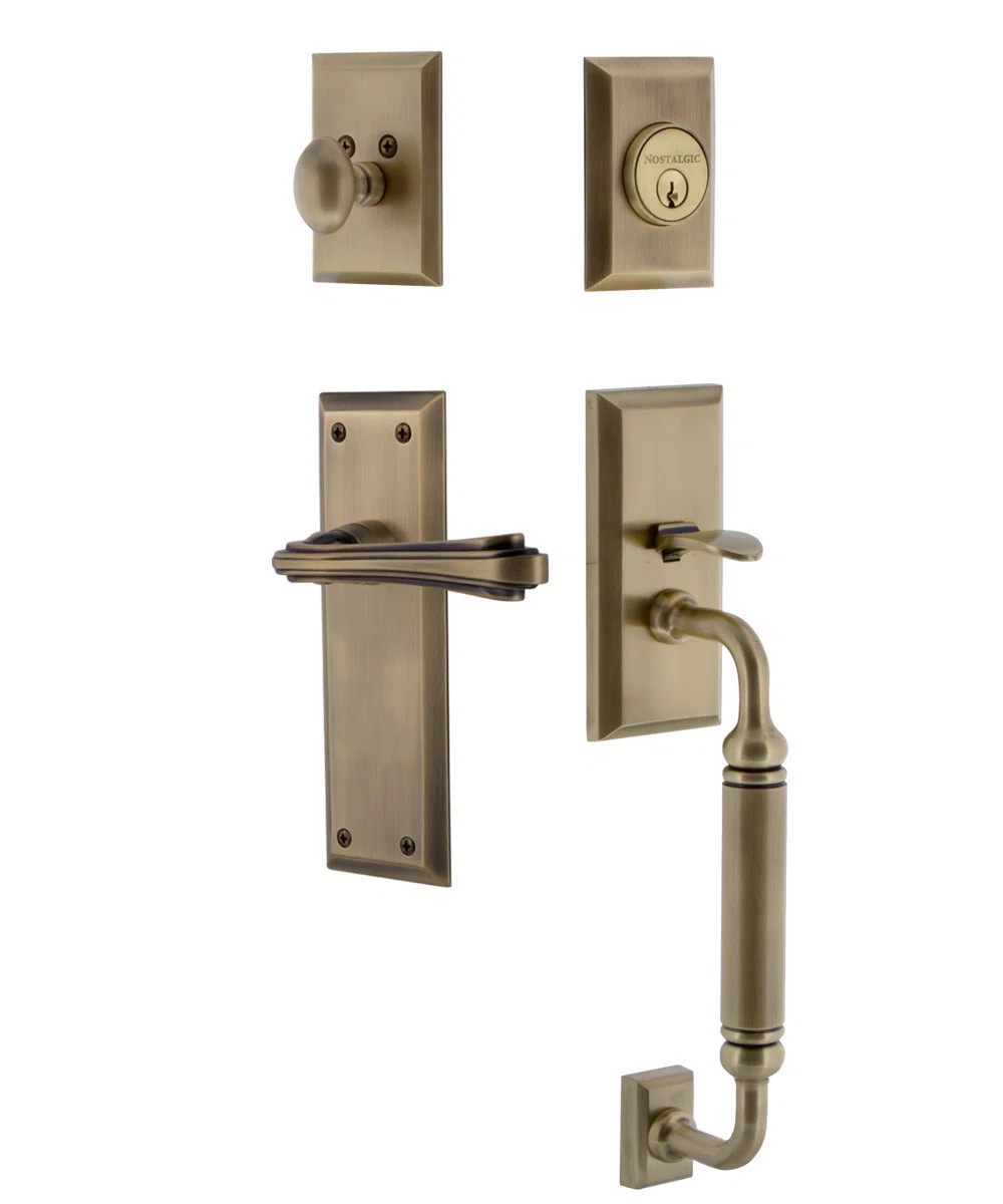 Nostalgic Warehouse New York Plate C Grip Handleset with Single Cylinder Deadbolt and Fleur Lever | Wayfair North America