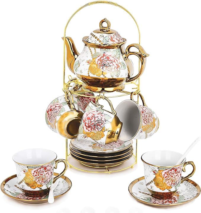 DaGiBayCn 20 Piece European Ceramic Tea Set Coffee set Porcelain Tea SetWith Metal Holder,flower ... | Amazon (US)