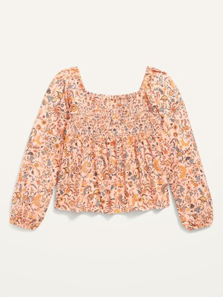 Smocked Floral-Print Jersey Long-Sleeve Top for Girls | Old Navy (US)