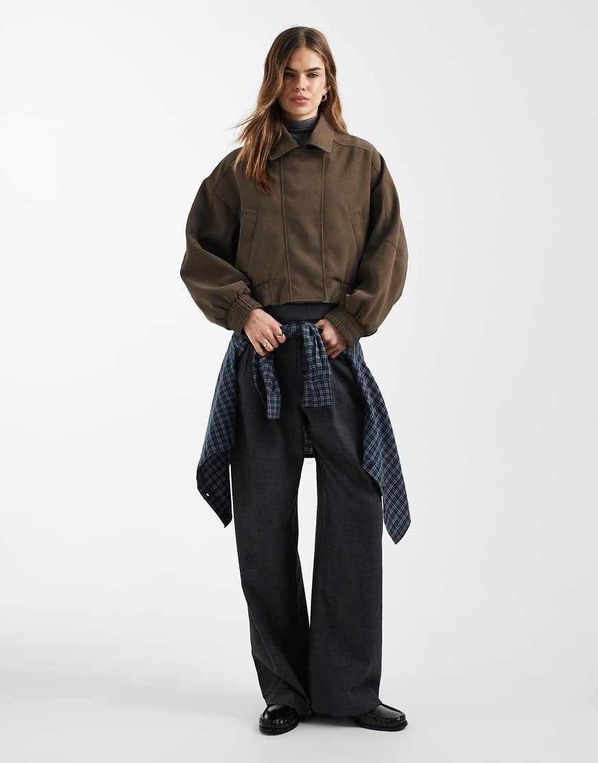 ASOS DESIGN leather look biker bomber jacket in mocha-Brown | ASOS (Global)