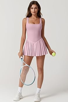 QINSEN Womens Square Neck Tennis Dress Pleated Sleeveless Built in Shorts Golf Athletic Dress wit... | Amazon (US)