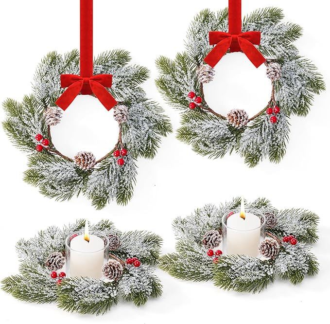 4 Pcs Small Mini Christmas Wreaths for Kitchen Cabinets, Frosted Cedar Christmas Candle Rings Wre... | Amazon (US)
