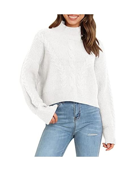 ZAFUL Women's Cropped Turtleneck Sweater Lantern Sleeve Ribbed Knit Pullover Sweater Jumper | Amazon (US)