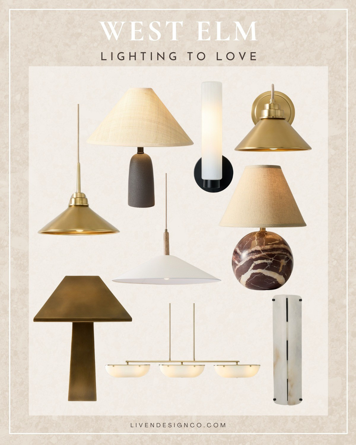 West Elm lighting. Alabaster sconce. Linear sconce. Bathroom sconce. Brass sconce. Brass pendant. White tapered shade pendant. Modern lighting. Marble table lamp. Brass lamp. Brass shade lamp. Glass sconce

#LTKSpringSale #LTKSeasonal #LTKHome