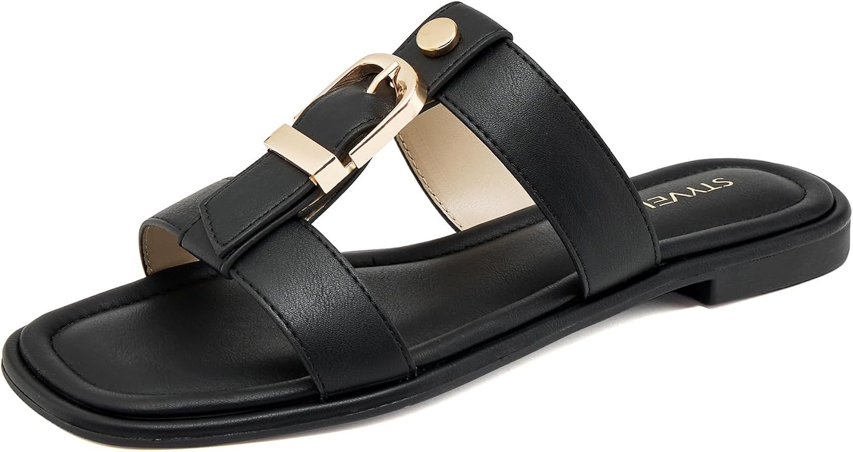 Women's Metal Buckle T Strap Flat Sandals Dressy Chic Slip On Sandals for Women Comfortable Walki... | Amazon (US)