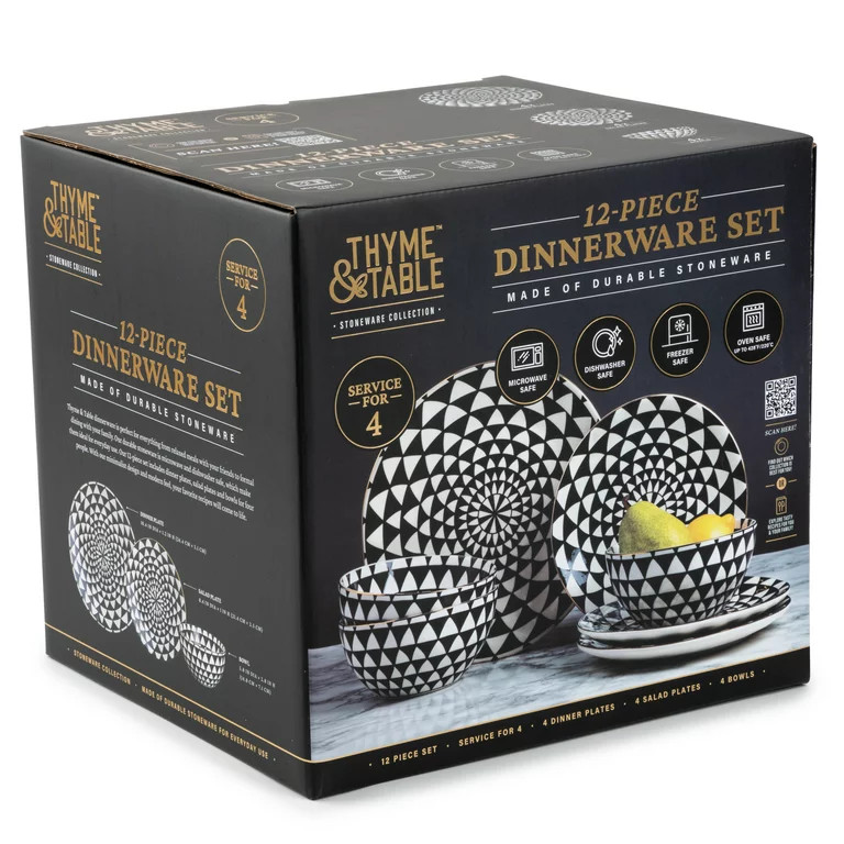 Thyme & Table 12-Piece Dinnerware Stoneware Set, Black & White Medallion Collection | Walmart (US)