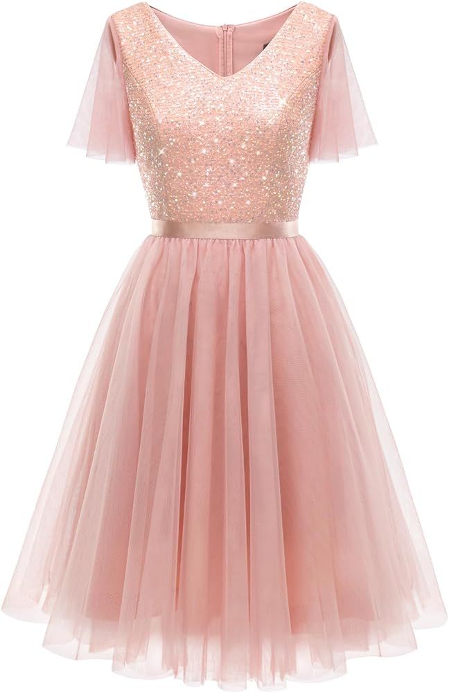 Bridesmay Women's Short Sequin Tulle Homecoming Party Dresses Knee Length Elegant Glitter Formal ... | Amazon (US)
