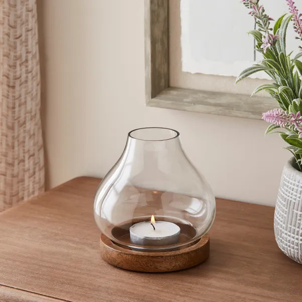 Mango Wood Hurricane Tealight Candle Holder | Dunelm
