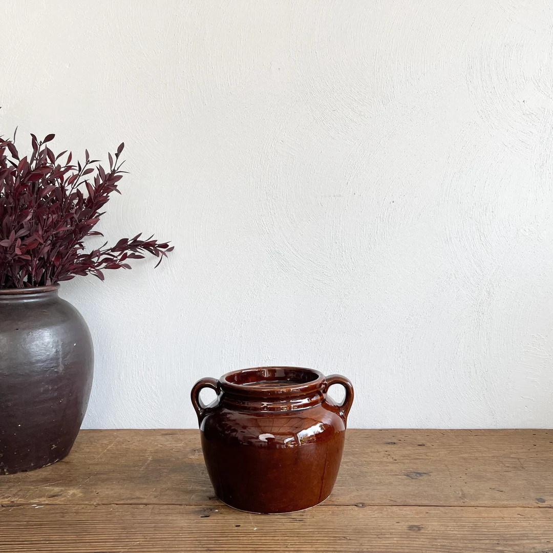 Antique Glazed Medium Brown Bean Crock with Two Handles| Vintage Home Decor, Farmhouse Antiques, ... | Etsy (US)
