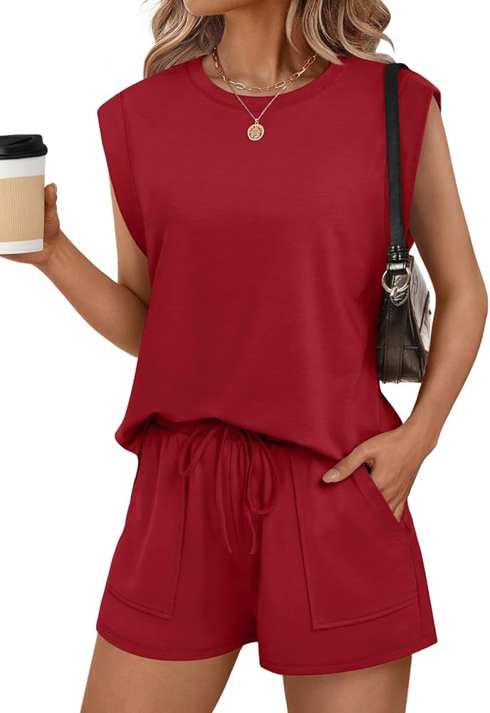 RUBZOOF Two Piece Sets for Women Summer Cap Sleeve Lounge Short Sets Crewneck Outfits with Pocket | Amazon (US)