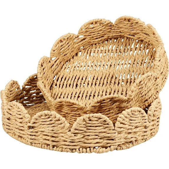 2Pcs Scalloped Basket Scalloped Edge Round Tray Hand Woven Basket Decorative Braided Serving Tray... | Walmart (US)