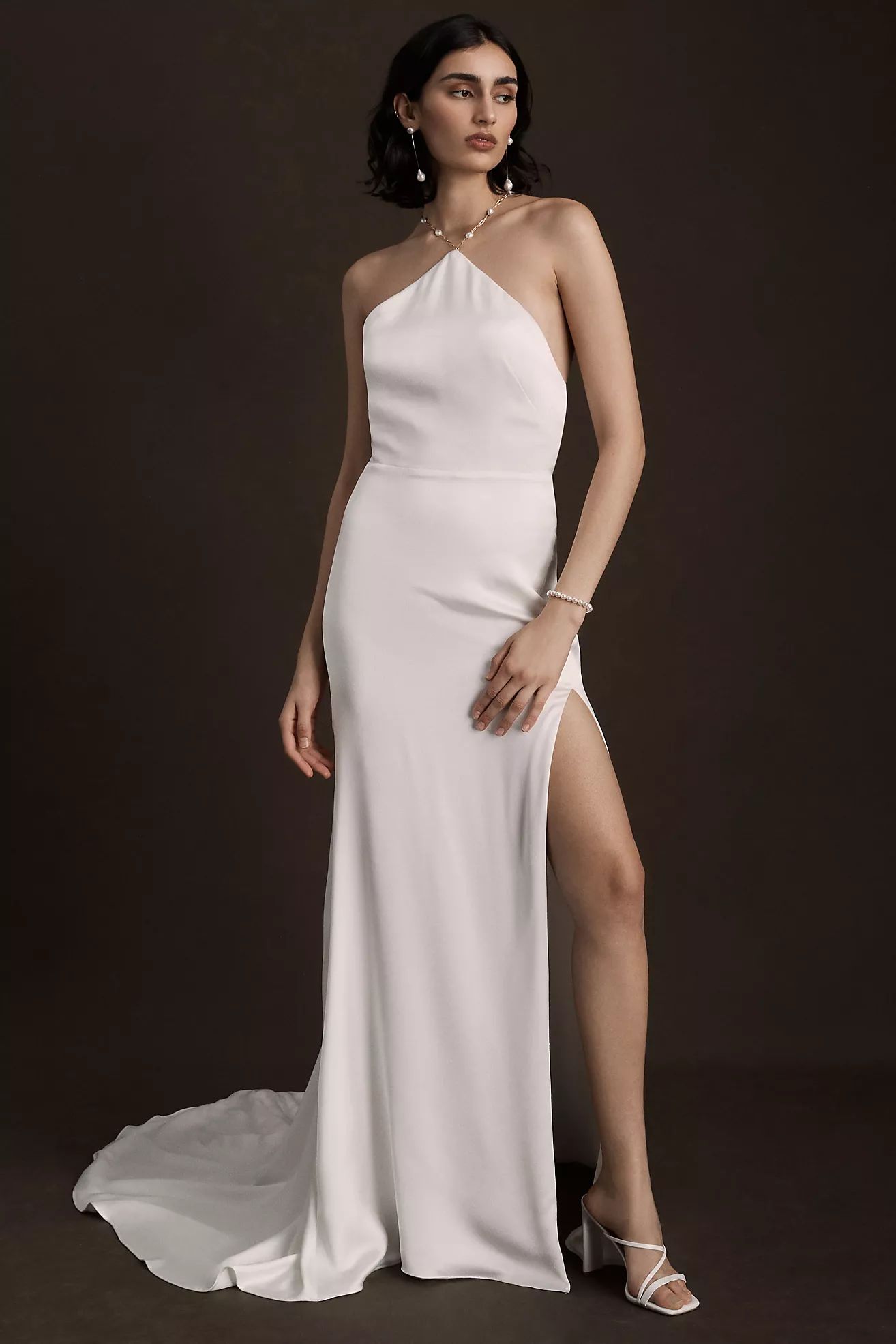 Jenny Yoo Pearl Satin Fit & Flare Halter Gown | Anthropologie (US)