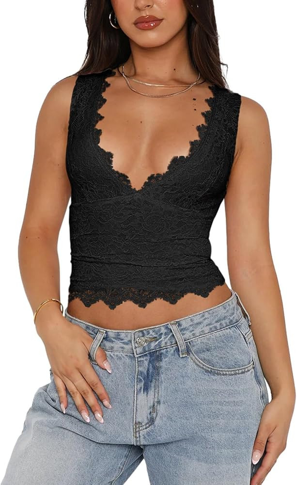 REORIA Womens Sexy V-Neck Sleeveless Double Lined Going Out Y2K Trendy Lace Cropped Tank Tops | Amazon (US)