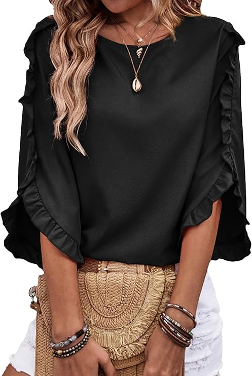 EVALESS 3/4 Length Sleeve Womens Tops Dressy Casual Blouses Crewneck Ruffle Sleeve Shirts Summer ... | Amazon (US)