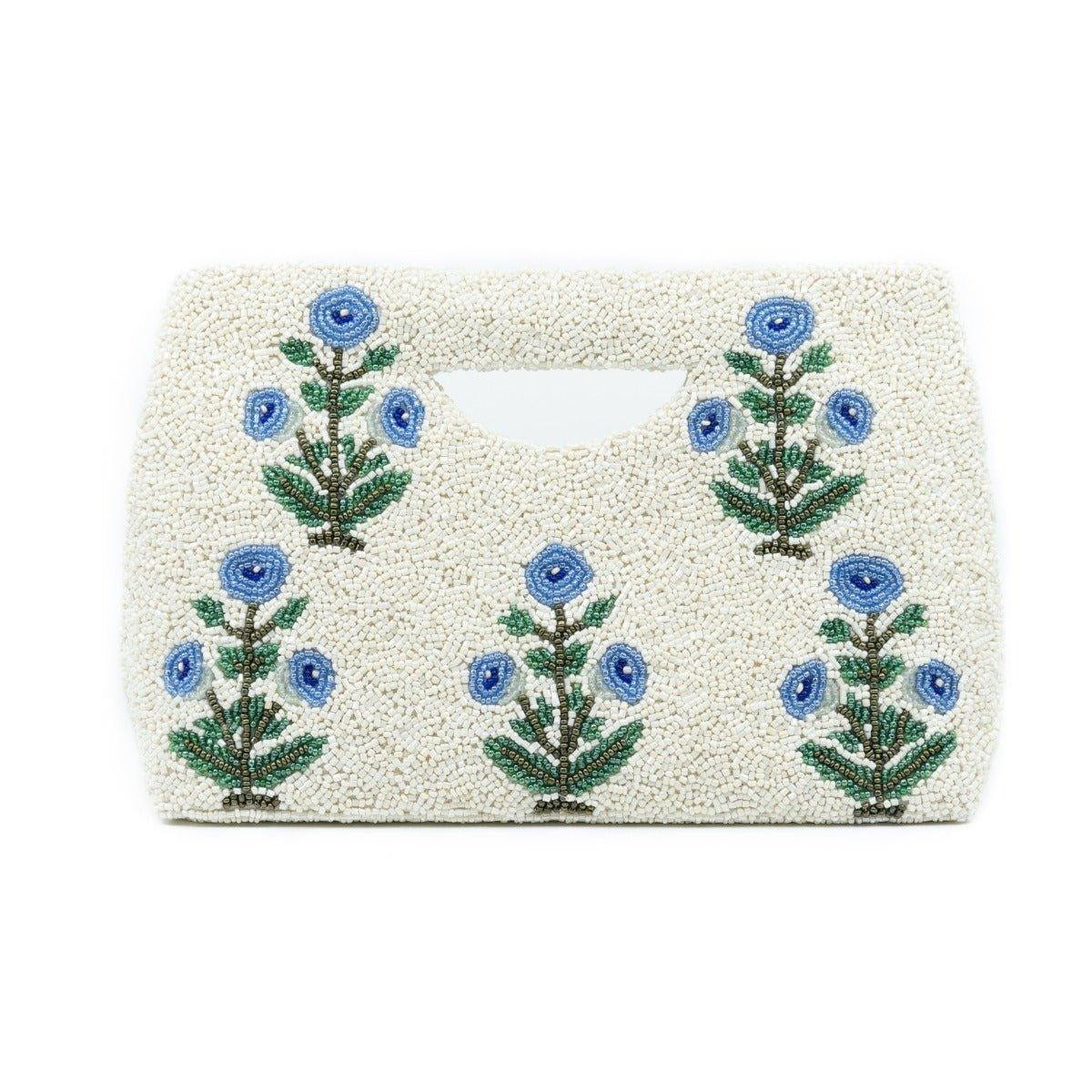 White & Blue Beaded Floral Motif Handbag With Gusset | The Well Appointed House, LLC