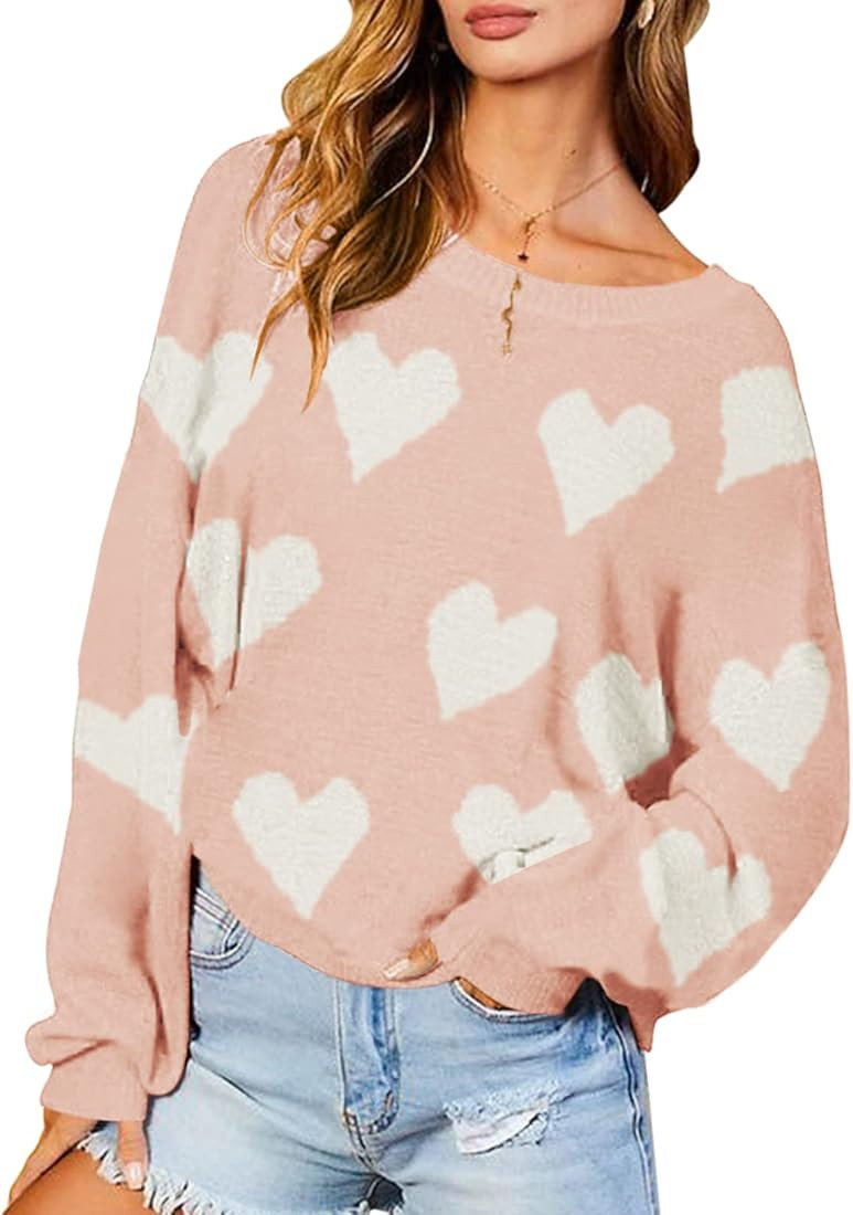 Chang Yun Womens Heart Print Pullover Sweaters Cute Knitted Long Batwing Sleeves Backless Loose W... | Amazon (US)