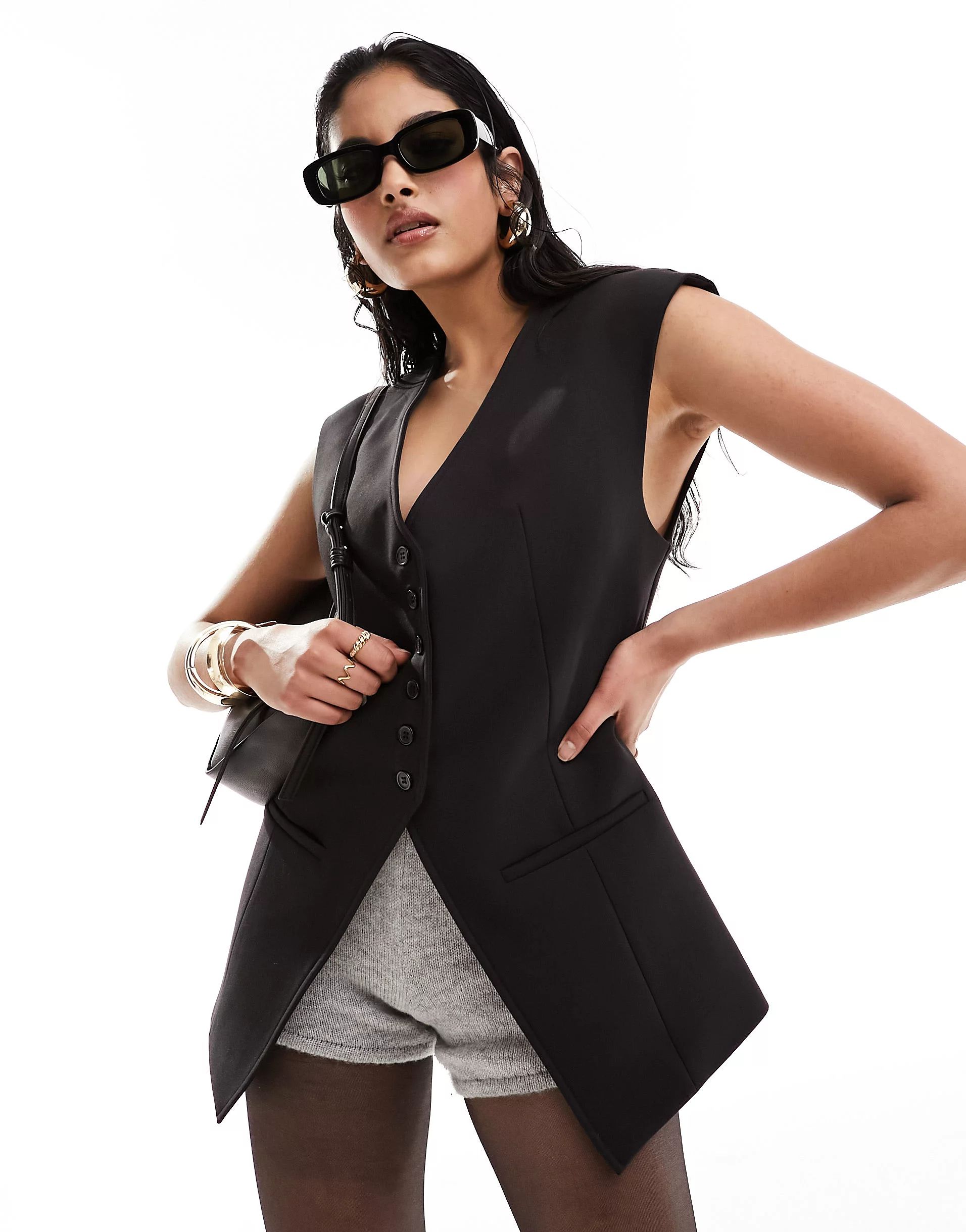 ASOS DESIGN longline exaggerated shoulder vest in black | ASOS (Global)