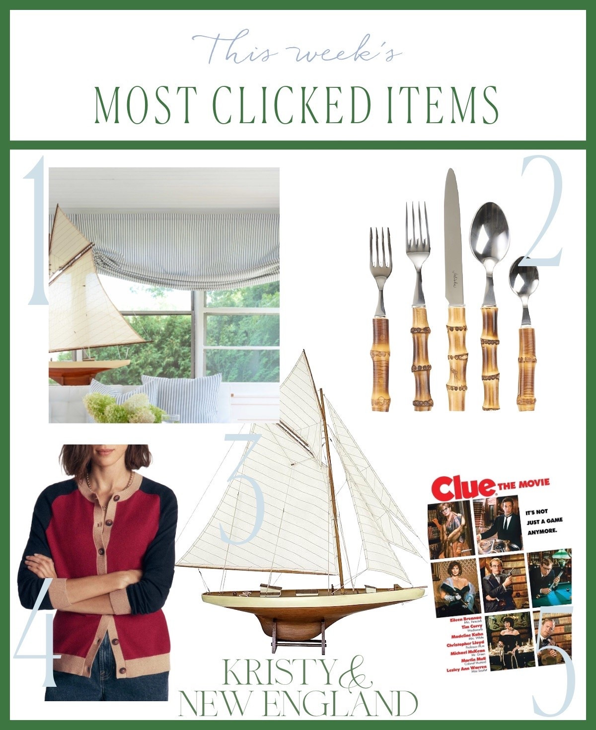 Most popular from the week: blue stripe relaxed Roman shade, bamboo flatware, multicolored cardigan, model sailboat, Clue DVD

#LTKOver40 #LTKHome #LTKSaleAlert