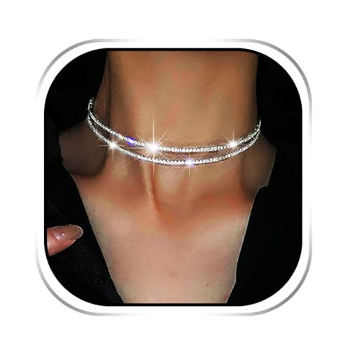 JEAIRTS Rhinestone Layered Necklace Silver Sparkly Crystal Chokers Fashion Chain Necklaces Party Costume Jewelry Gifts for Women | Amazon (US)