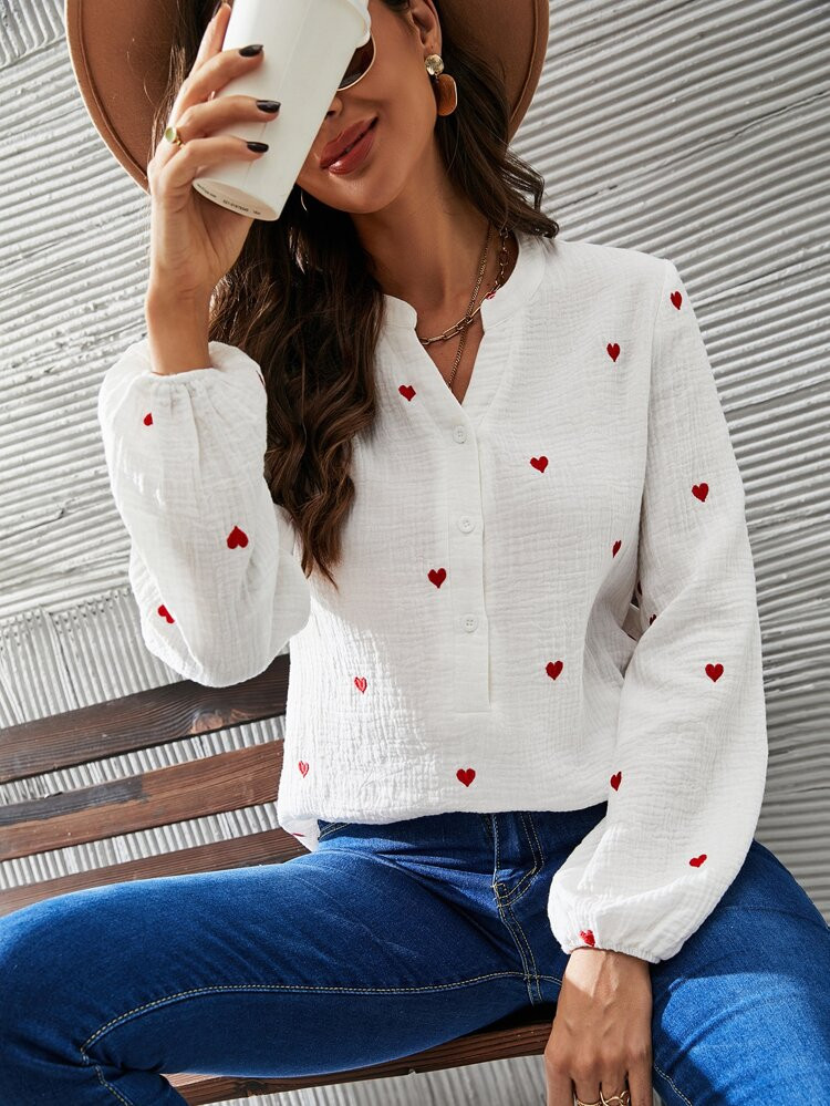 Heart Print Notched Neck Bishop Sleeve Blouse | SHEIN