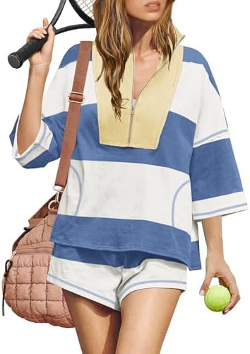 Womens Workout Striped Short Sets 2 Piece Outfits Summer Matching Lounge Sets Top and Shorts with... | Amazon (US)