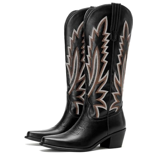 Cozivwaiy Western Cowboy Boots for Women Black Cowgirl Boots Pointed Toe Chunky Heel Embroidered Knee High Fashion Boots Size 10.5 | Amazon (US)