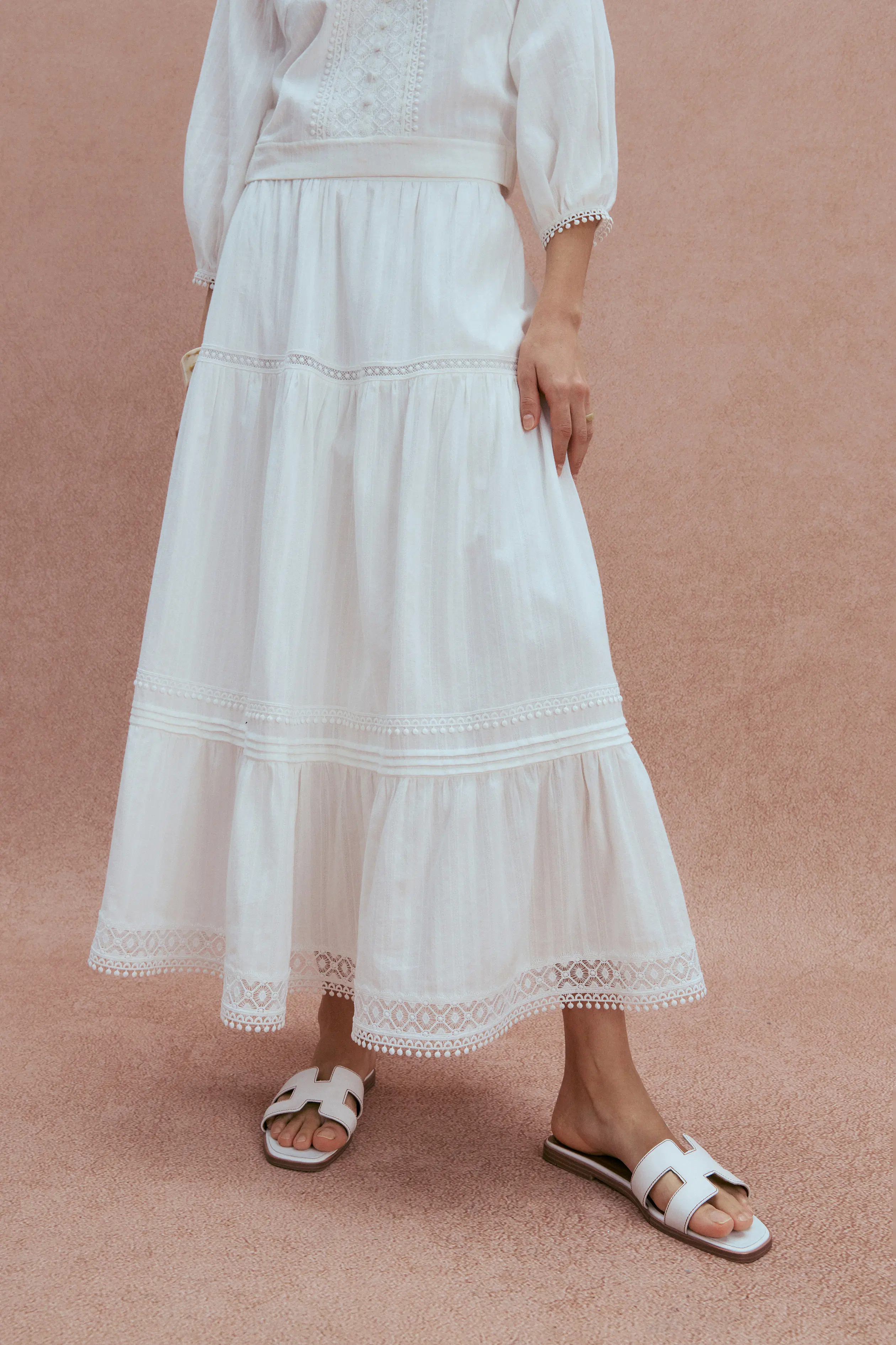 Sybilla Tiered Openwork Maxi Skirt in Cotton | Fabrique