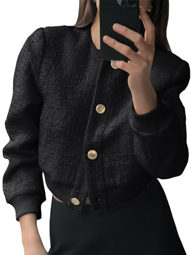 Tankaneo Womens Cropped Tweed Jacket Casual Button Down Long Sleeve Collarless Coats Fall Outerwear Black | Amazon (US)