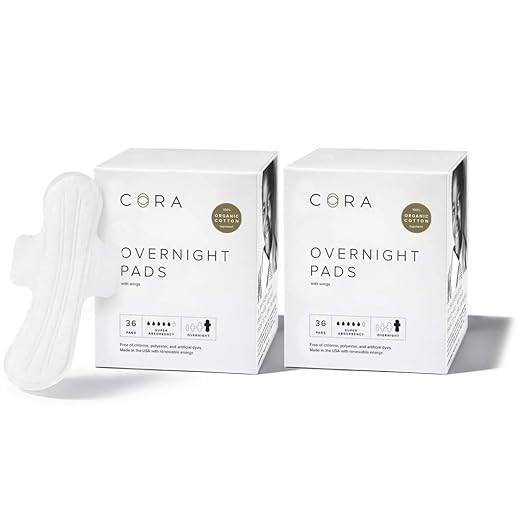 New Cora Ultra Thin Organic Cotton Period Pads, Overnight Absorbency, with Wings & Dry Wicking Te... | Amazon (US)