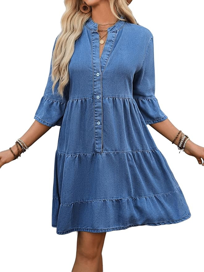 Women's Casual Denim Dress Tiered Ruffle A Line Button Down Summer Jean Dresses with 3/4 Flared S... | Amazon (US)