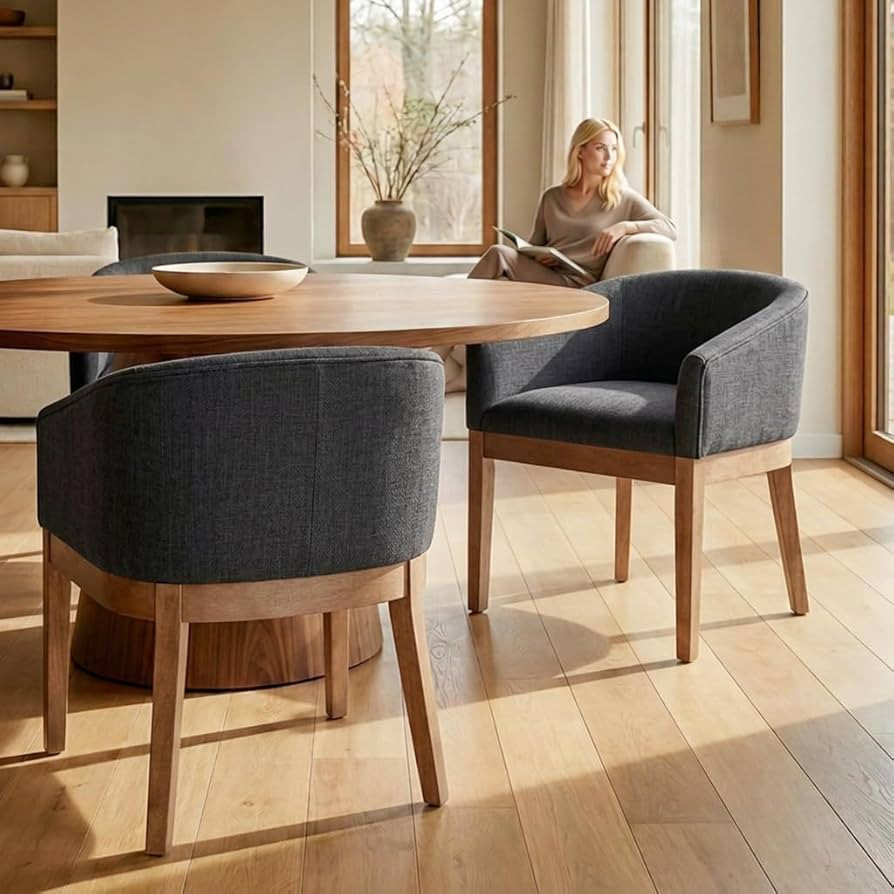 Mid Century Modern Upholstered Barrel Dining Chairs with Arms Set of 2, Farmhouse Linen Kitchen &... | Amazon (US)