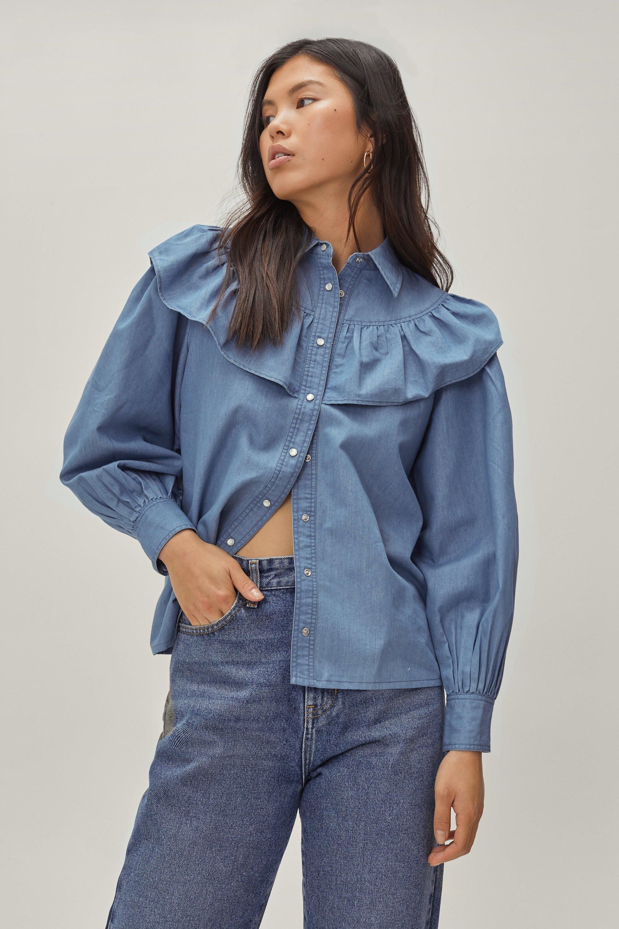 Denim Frill Detail Shirt | Nasty Gal (US)